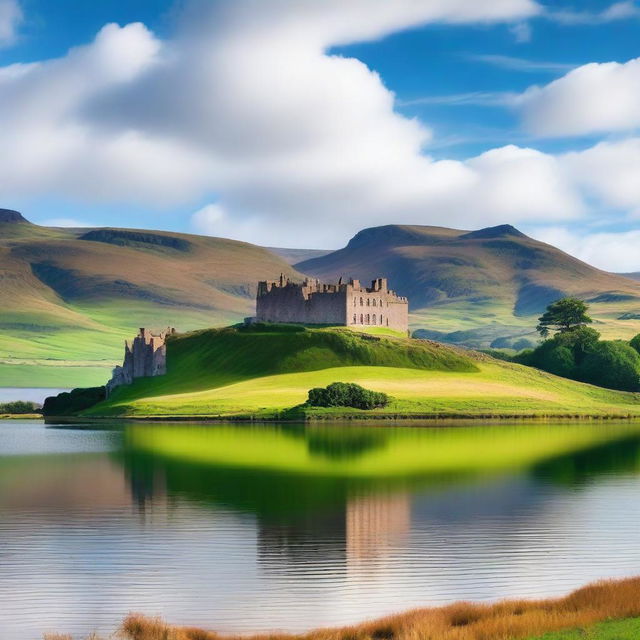 A picturesque Scottish landscape featuring rolling green hills, a serene loch, and an ancient castle in the background