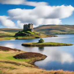 A picturesque Scottish landscape featuring rolling green hills, a serene loch, and an ancient castle in the background