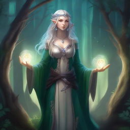 A detailed illustration of a female elf mage, wearing elegant robes and holding a magical staff