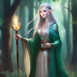 A detailed illustration of a female elf mage, wearing elegant robes and holding a magical staff