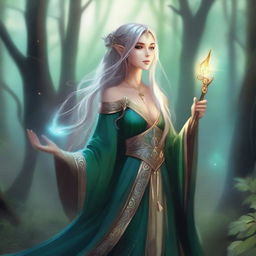 A detailed illustration of a female elf mage, wearing elegant robes and holding a magical staff