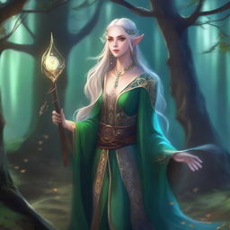 A detailed illustration of a female elf mage, wearing elegant robes and holding a magical staff