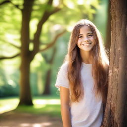 A beautiful 13-year-old girl with a radiant smile, dressed in casual, age-appropriate clothing