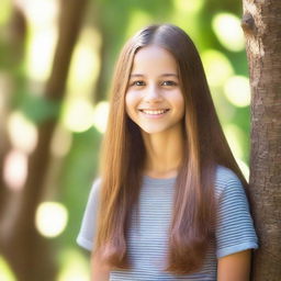 A beautiful 13-year-old girl with a radiant smile, dressed in casual, age-appropriate clothing