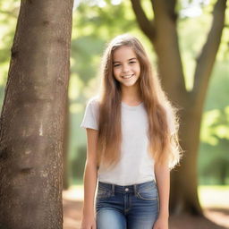 A beautiful 13-year-old girl with a radiant smile, dressed in casual, age-appropriate clothing