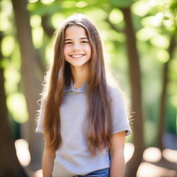 A beautiful 13-year-old girl with a radiant smile, dressed in casual, age-appropriate clothing