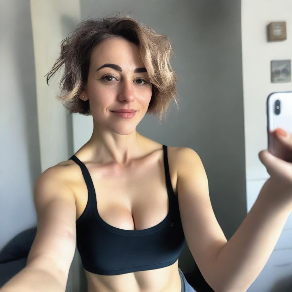 A young woman with short hair is taking a selfie in front of a mirror