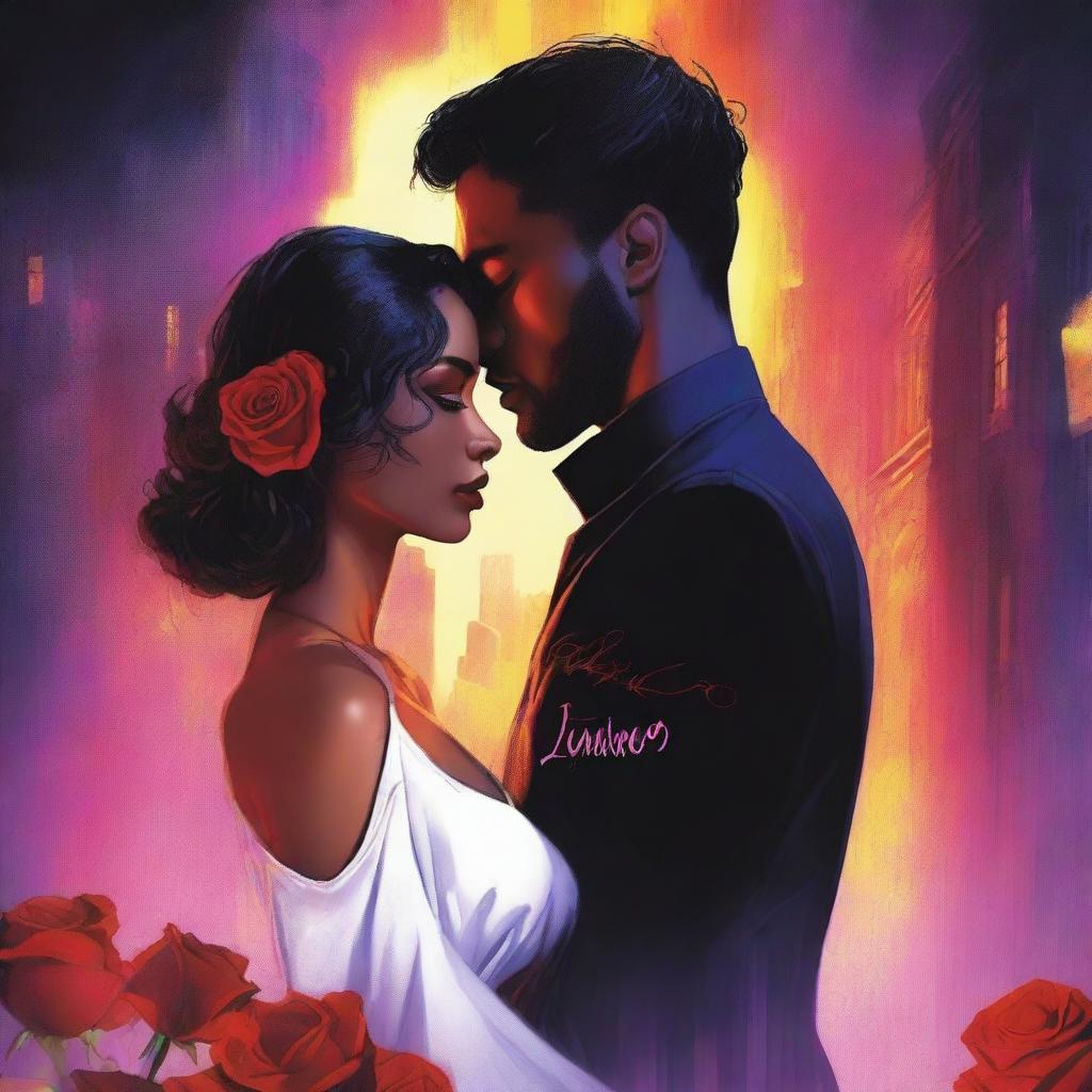 A colorful, dark-themed book cover featuring two lovers