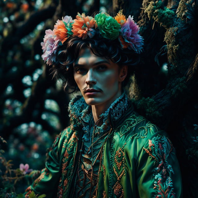 Hyper-realistic 3D photograph of an androgynous Russian man in a mystical forest adorned with vibrant flowers, captured in high definition with cinematic photography style evoking Rococo and fantasy vibes.