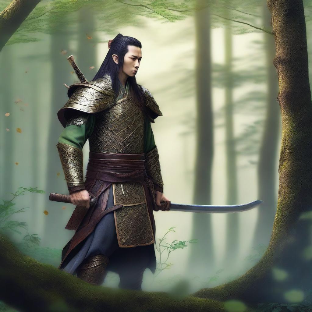 Create a detailed image of a wood elf samurai standing in a mystical forest