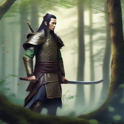 Create a detailed image of a wood elf samurai standing in a mystical forest