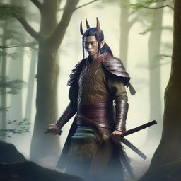 Create a detailed image of a wood elf samurai standing in a mystical forest