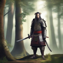 Create a detailed image of a wood elf samurai standing in a mystical forest