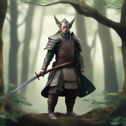 Create a detailed image of a wood elf samurai standing in a mystical forest