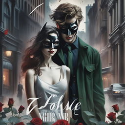 A colorful, dark-themed book cover inspired by 'The Dark Knight' movie poster, featuring two younger lovers