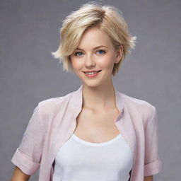 A charming short blonde haired girl adorned in stylish casual attire, radiating an aura of liveliness.