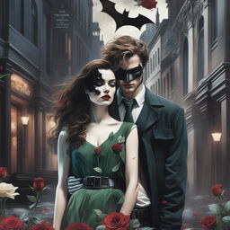 A colorful, dark-themed book cover inspired by 'The Dark Knight' movie poster, featuring two younger lovers