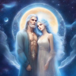 A beautiful and ethereal moon god with silver hair and glowing blue eyes, standing beside a fantasy couple under a starry night sky