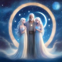 A beautiful and ethereal moon god with silver hair and glowing blue eyes, standing beside a fantasy couple under a starry night sky