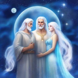 A beautiful and ethereal moon god with silver hair and glowing blue eyes, standing beside a fantasy couple under a starry night sky