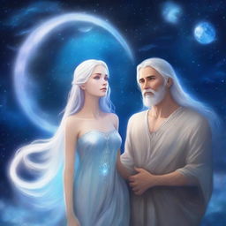 A beautiful and ethereal moon god with silver hair and glowing blue eyes, standing beside a fantasy couple under a starry night sky