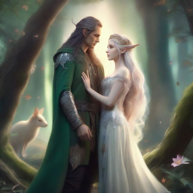 A fantasy couple standing together in a magical forest