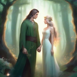 A fantasy couple standing together in a magical forest