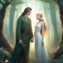 A fantasy couple standing together in a magical forest