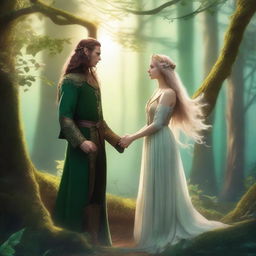 A fantasy couple standing together in a magical forest