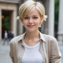 A charming short blonde haired girl adorned in stylish casual attire, radiating an aura of liveliness.