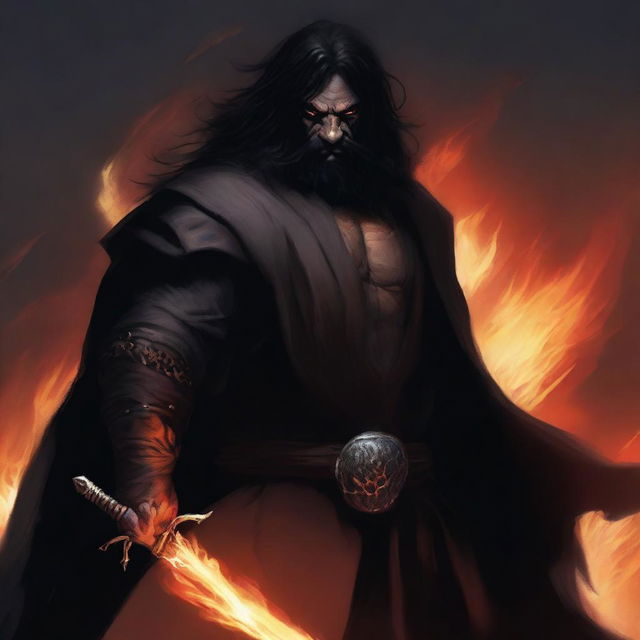 A dark brown orc man with long black hair and a beard, dressed in black robes