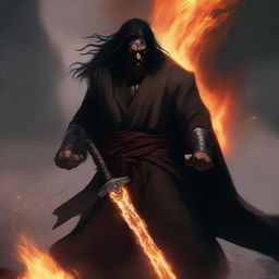 A dark brown orc man with long black hair and a beard, dressed in black robes