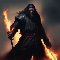 A dark brown orc man with long black hair and a beard, dressed in black robes