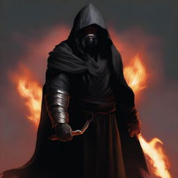 A dark brown orc man with long black hair and a beard, dressed in black robes and a hood, stands ready for battle