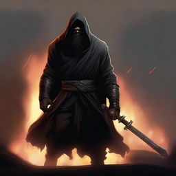 A dark brown orc man with long black hair and a beard, dressed in black robes and a hood, stands ready for battle