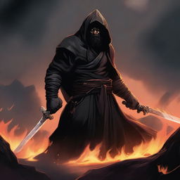 A dark brown orc man with long black hair and a beard, dressed in black robes and a hood, stands ready for battle