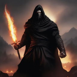 A dark brown orc man with long black hair and a beard, dressed in black robes and a hood, stands ready for battle