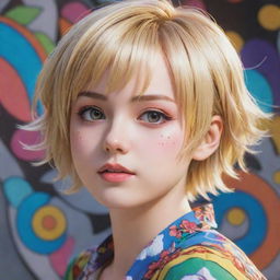 A beautiful short, blonde-haired girl represented in anime style, showcasing vibrant colors and intricate detail.