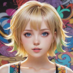 A beautiful short, blonde-haired girl represented in anime style, showcasing vibrant colors and intricate detail.