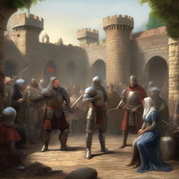 A medieval scene depicting a trial by combat between a husband and wife