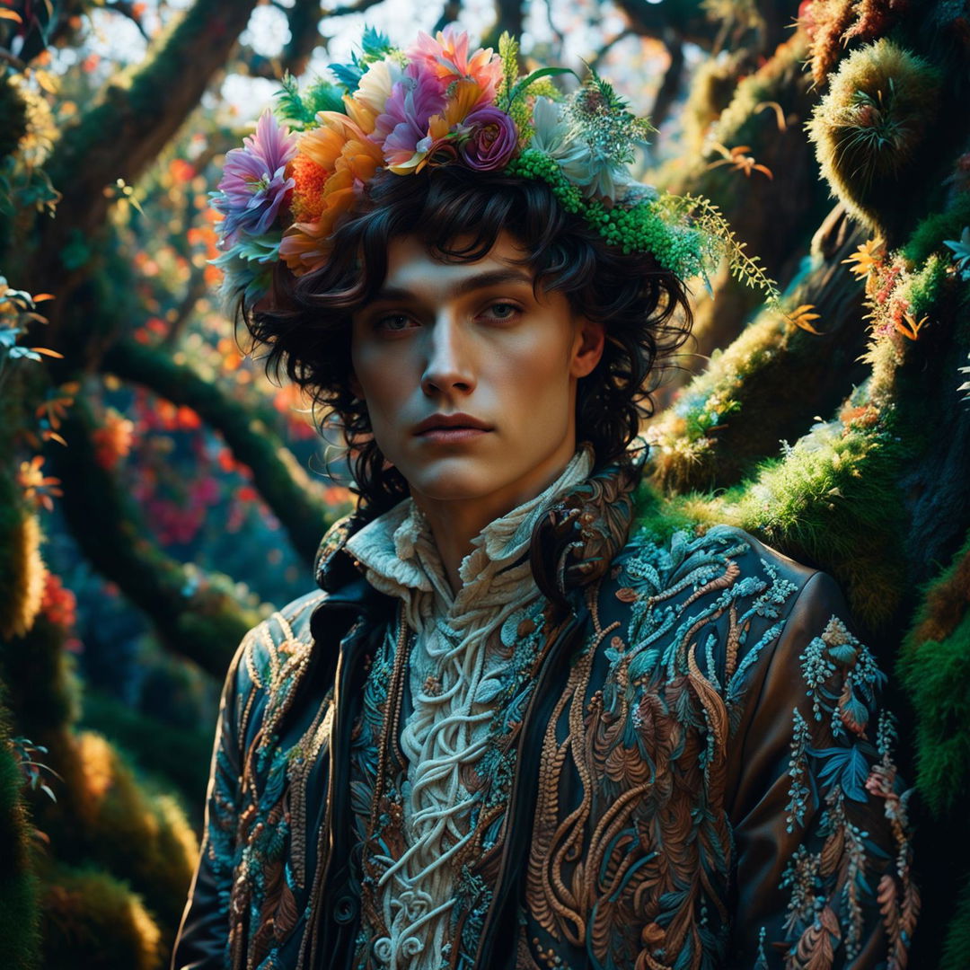 Hyper-realistic 3D photograph of an androgynous Russian man in a mystical forest, adorned with intricate flowers, captured in high definition with cinematic photography style evoking Rococo and fantasy vibes.