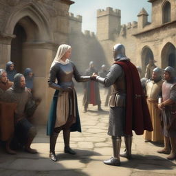 A medieval scene where a husband and wife are engaged in a judicial duel to resolve their conflict