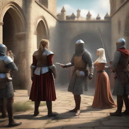 A medieval scene where a husband and wife are engaged in a judicial duel to resolve their conflict