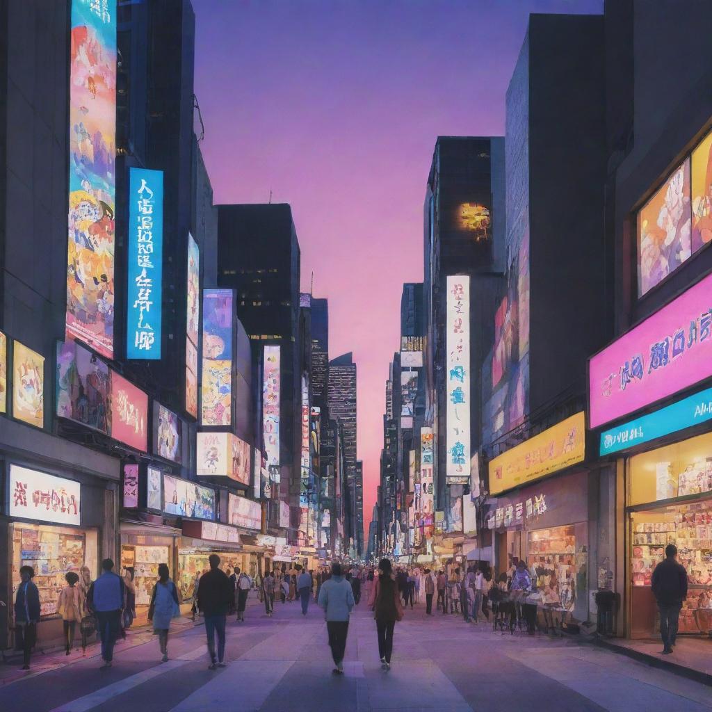 Create a captivating anime scene with colorful characters in a vibrant cityscape during the twilight hours.