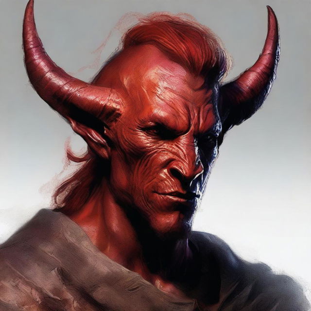 A detailed portrait of a male tiefling with red skin and a burned face