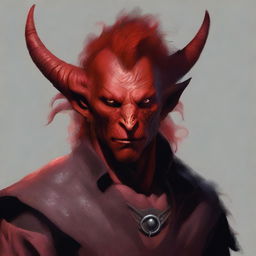 A detailed portrait of a male tiefling with red skin and a burned face