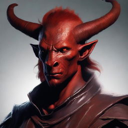 A detailed portrait of a male tiefling with red skin and a burned face