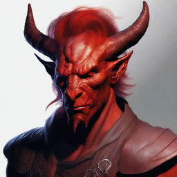 A detailed portrait of a male tiefling with red skin and a burned face