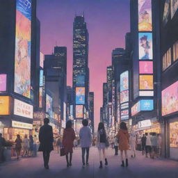 Create a captivating anime scene with colorful characters in a vibrant cityscape during the twilight hours.