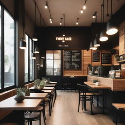 A cozy café interior featuring wood and black details